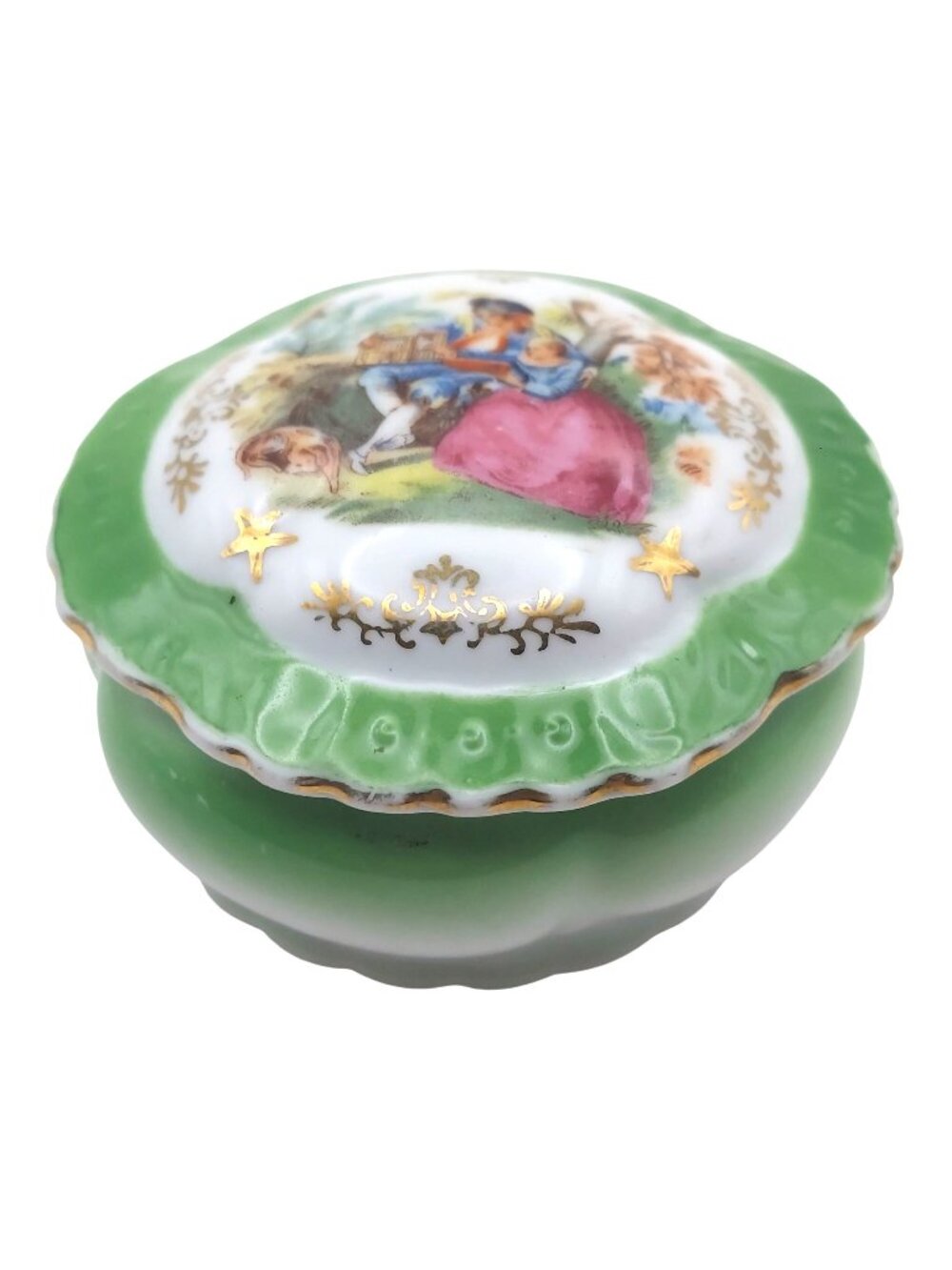 Hand Painted Porcelain Trinket Box Courting Scene Green Japan Victorian Vintage